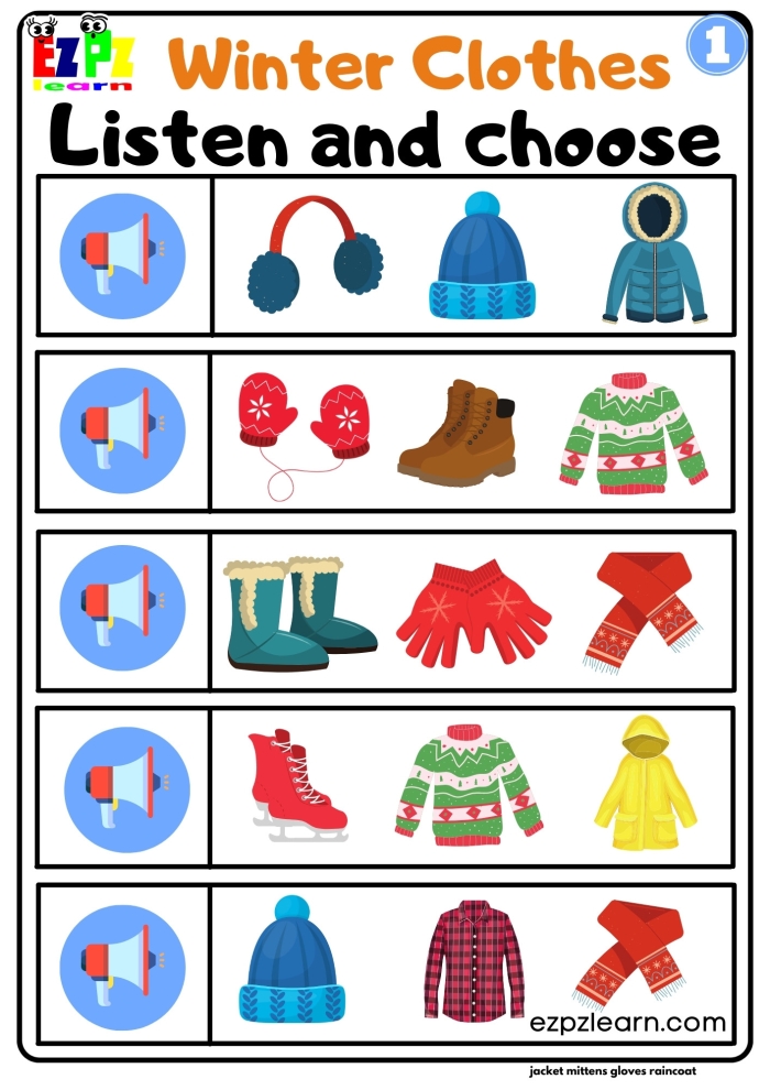 Winter clothes worksheet for Pre-K students to circle items appropriate for the season