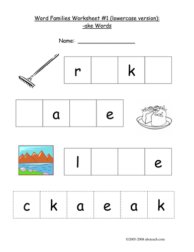 Worksheet featuring the "-ake" word family for tracing and word search activities