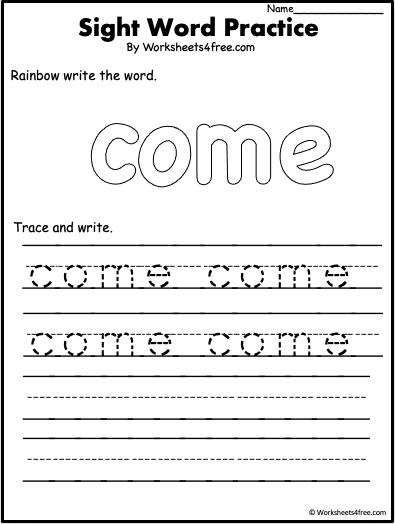 Pre-K student working on a printable worksheet to learn the sight word come