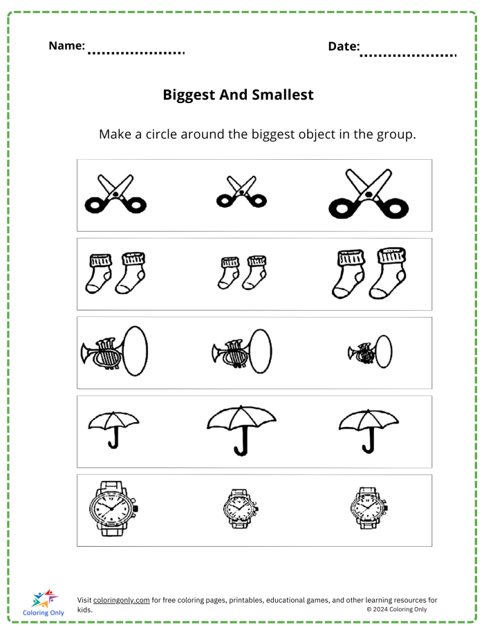 Pre-K phonics worksheet for comparing object sizes labeled number 7