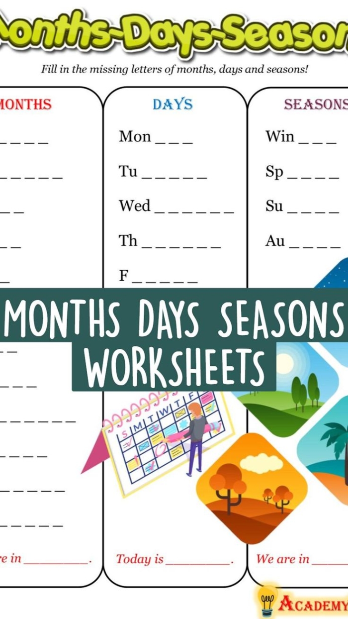 Days, Months, and Seasons Check-In worksheet for Pre-K students to identify days, months, and seasons