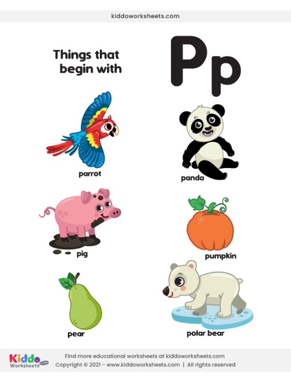 Worksheet featuring various objects that start with the letter P for children to identify