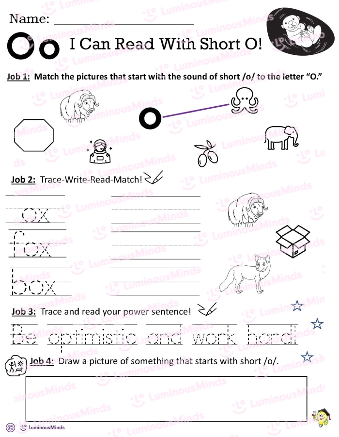 Pre-K worksheet page featuring various illustrations of objects that begin with the letter O