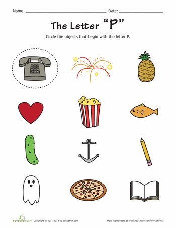 Worksheet featuring items that begin with the letter P for early readers