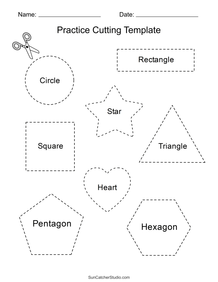Pre-K worksheet for building fine motor skills through cutting triangles. Kids cutting out shapes to create a house for Piggy on a colorful worksheet.