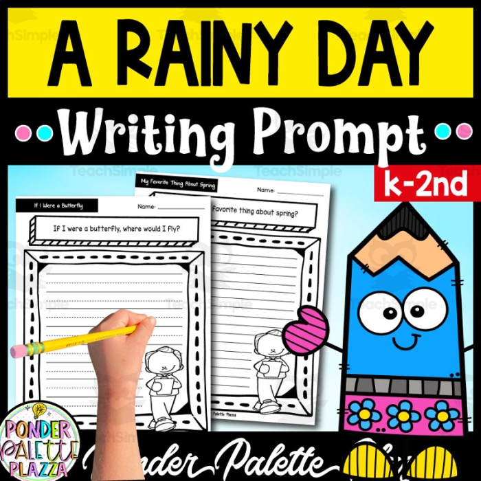 Pre-K writing prompt worksheet featuring colorful illustrations of fun rainy day activities
