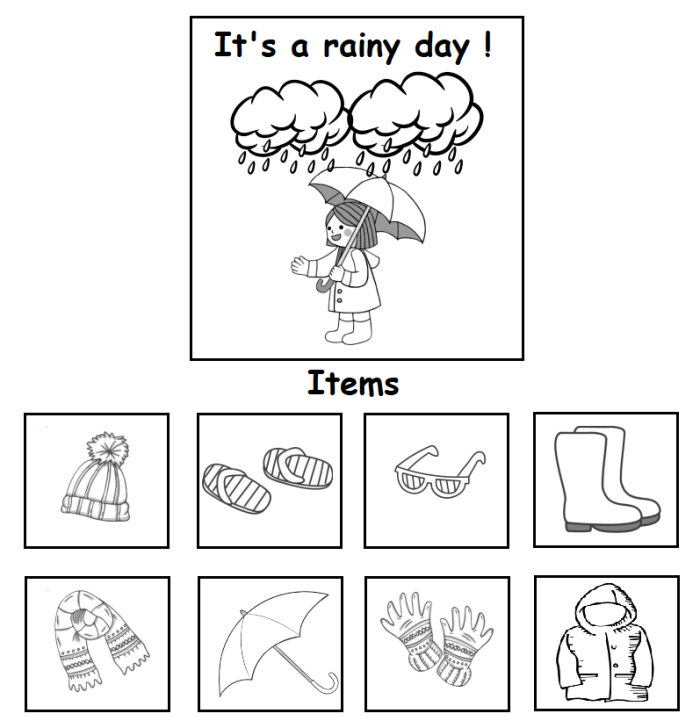 Pre-K life science worksheet featuring a rainy day writing prompt with colorful weather icons