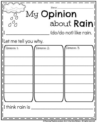 Pre-K student rainy day activity worksheet with colorful raindrops and space for creative writing