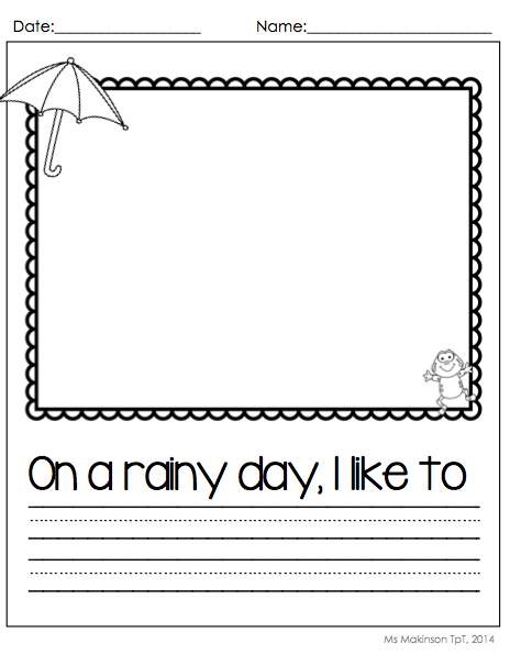 Pre-K science worksheet featuring a colorful rainy day theme and writing prompt activity for young learners