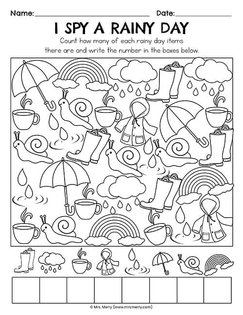 Colorful worksheet featuring a rainy day theme for Pre-K learners' writing prompts