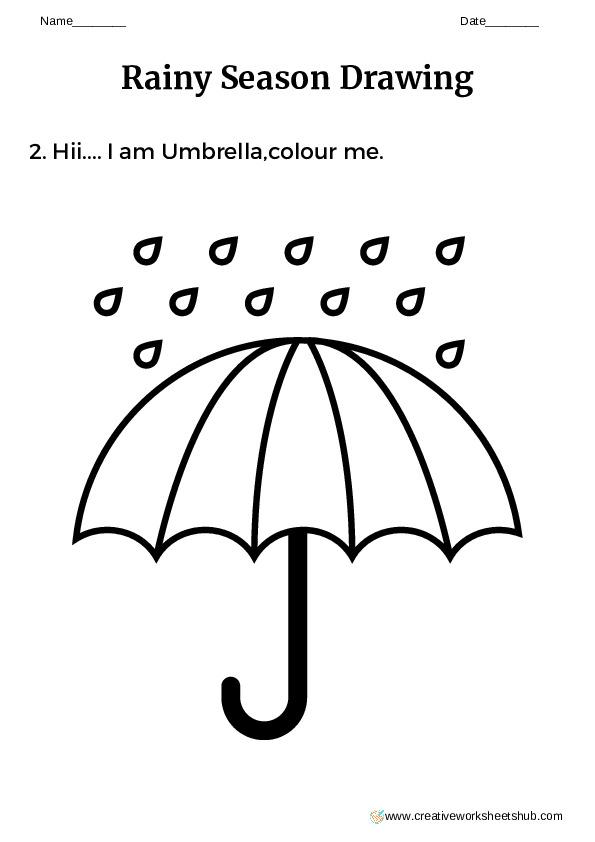Pre-K science worksheet with a rainy day theme and colorful weather illustrations for creative writing