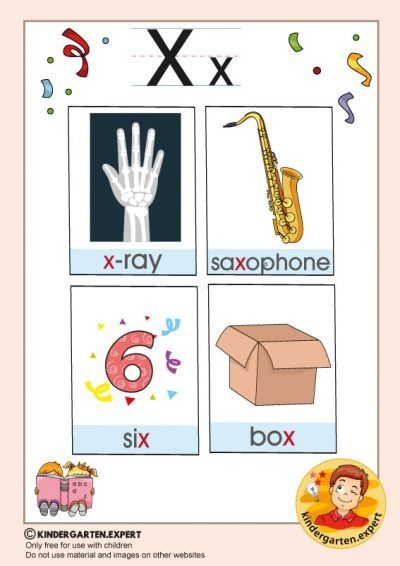 Pre-K phonics worksheet featuring images for children to identify objects starting with the letter X