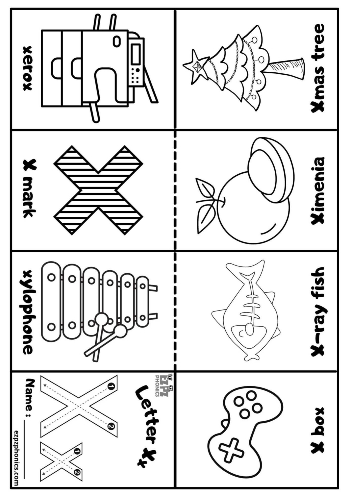 Pre-K phonics worksheet for identifying words and pictures that start with the letter X