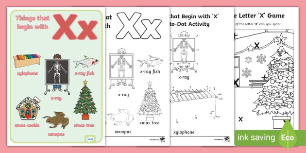 Pre-K worksheet page featuring various illustrations for children to identify objects that start with the letter X