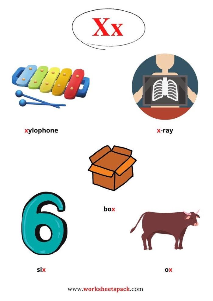 Pre-K worksheet featuring illustrations of items beginning with the letter X