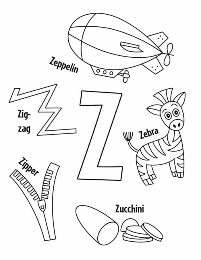 Pre-K phonics worksheet for letter Z featuring various objects to identify and color