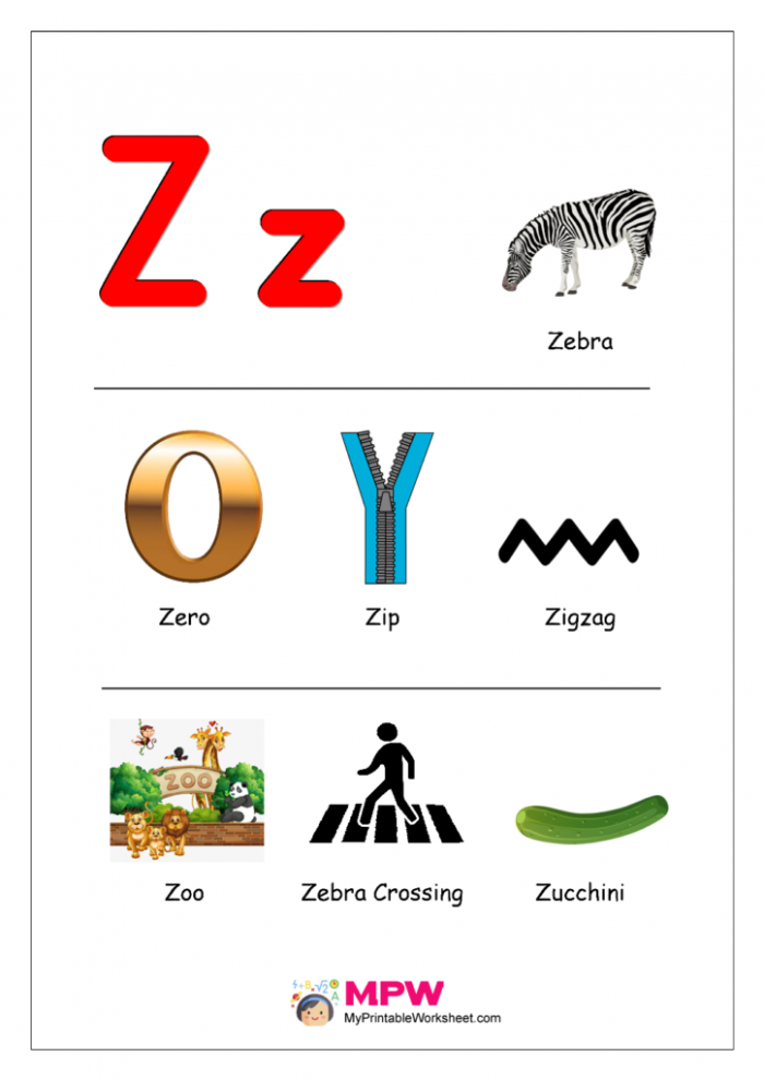 Pre-K phonics worksheet for identifying words and pictures that begin with the letter Z