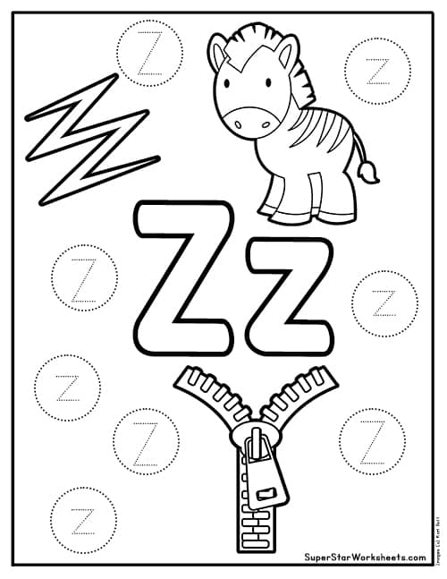 Pre-K phonics worksheet featuring colorful illustrations of objects that start with the letter Z