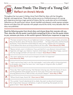 Pre-reading activity anticipation guide for the book study of Anne Frank: The Diary of a Young Girl Worksheet for pre-reading activity on Anne Frank's Diary designed for seventh graders