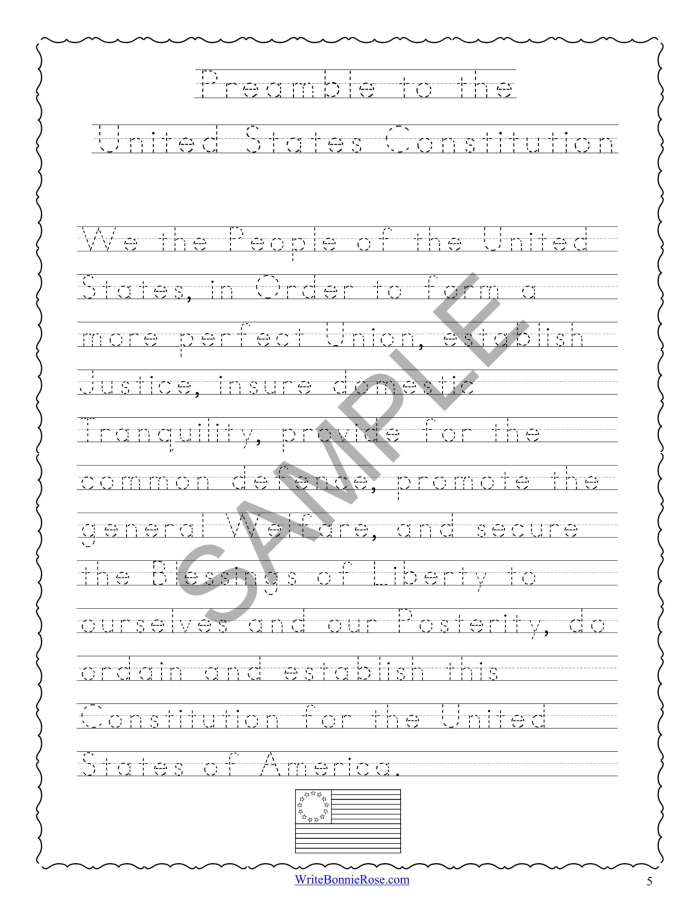 Students analyzing the Preamble of the United States Constitution in a worksheet designed for sixth graders