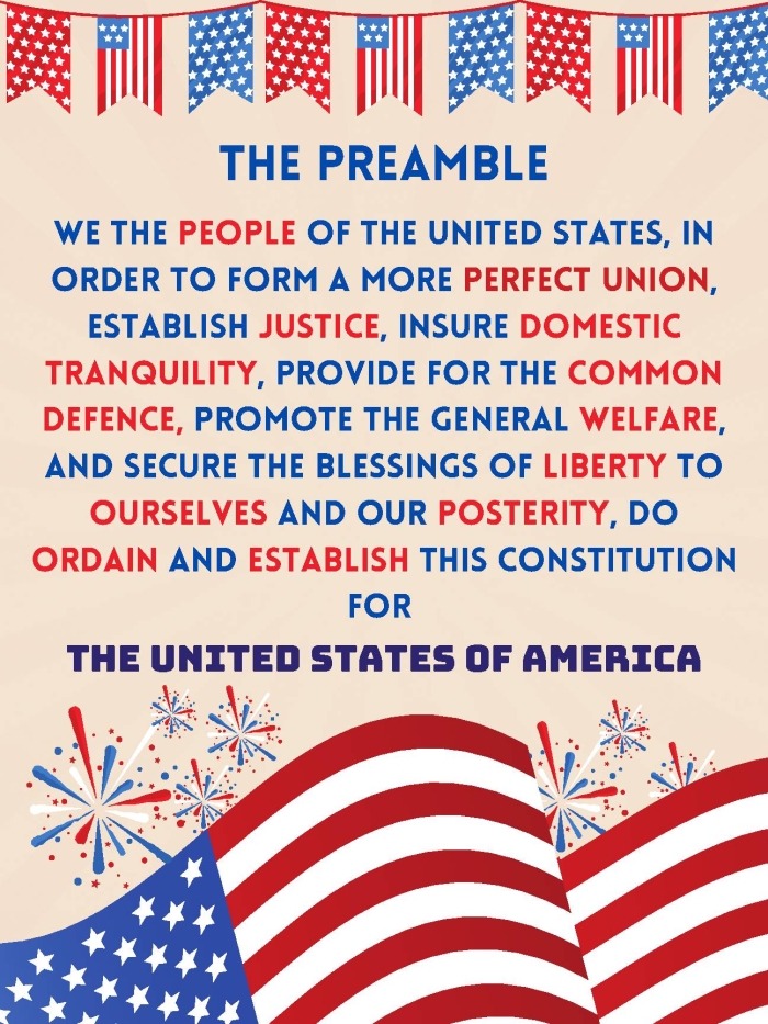 Students working on a worksheet about the Preamble of the United States Constitution