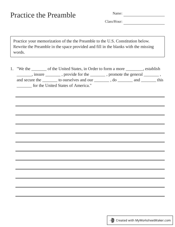 Students working on a worksheet about the Preamble of the United States Constitution