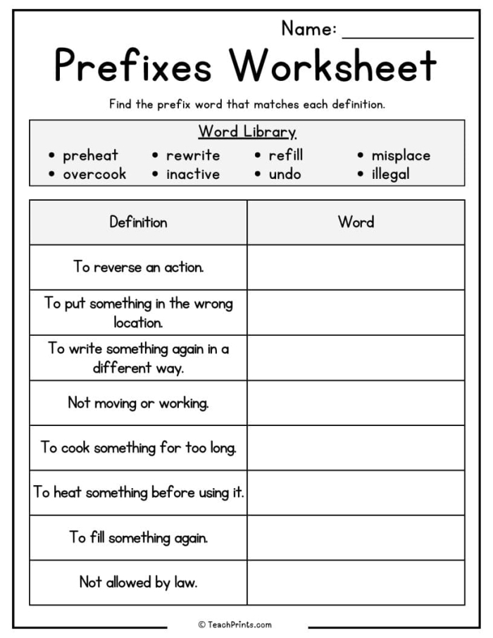 Second grade worksheet teaching prefix definitions and examples for improving reading comprehension and grammar understanding