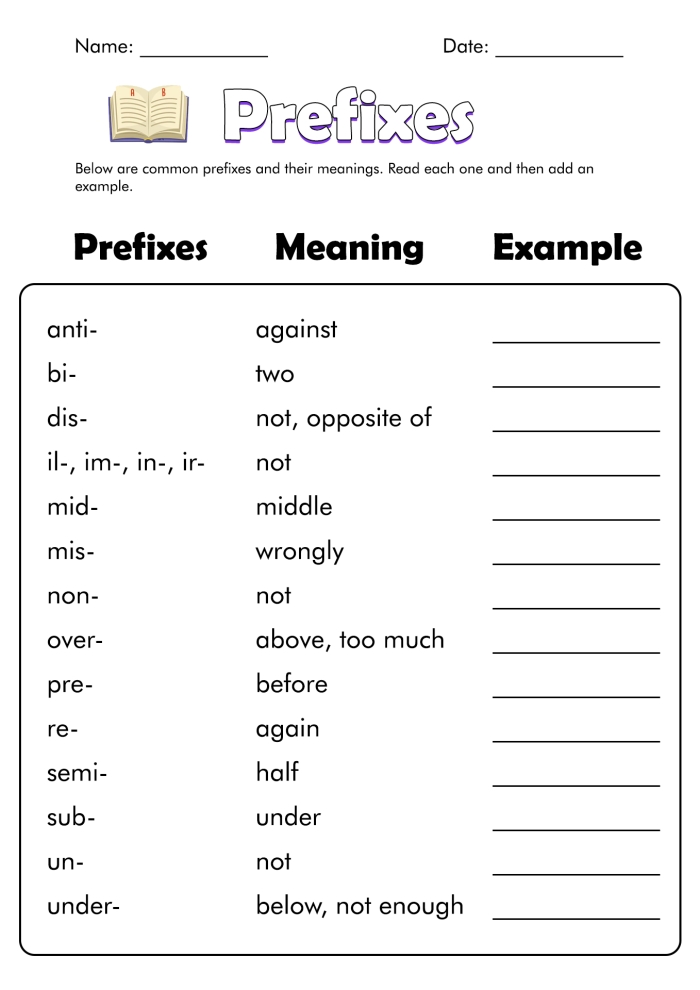 Worksheet featuring third graders engaging with prefixes to form new words