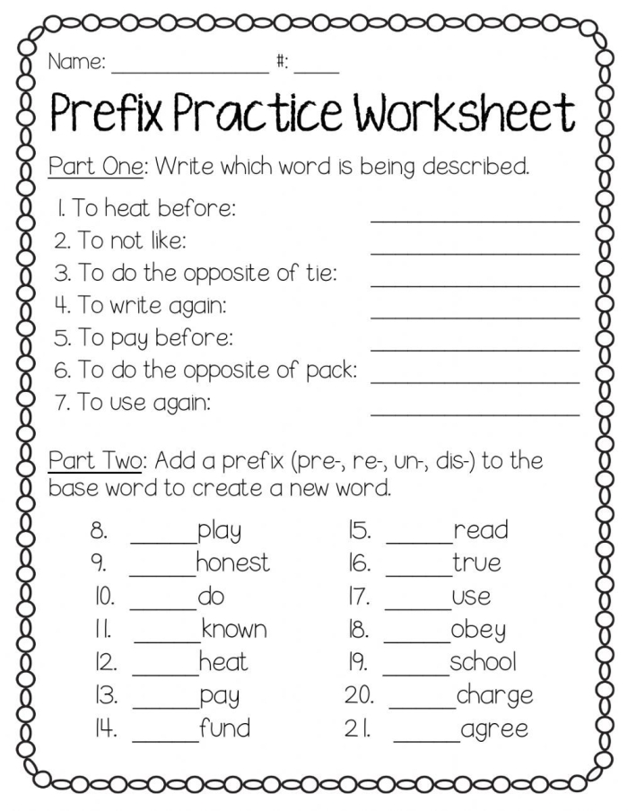 Engaging worksheet for third graders on prefixes featuring a fun word bank