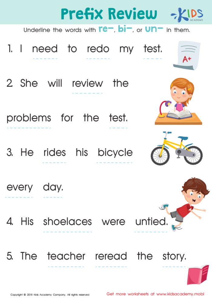 Fourth grade worksheet focusing on identifying and writing words with prefixes for unit five