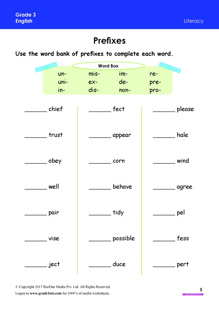 Fourth grade student completing a worksheet on identifying and defining various word prefixes