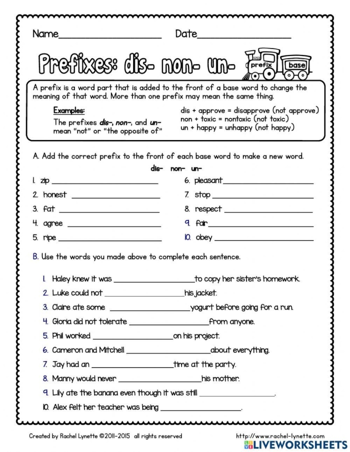 Prefix Practice Worksheet 16: Learning Dis-, Non-, and Un- Prefixes for Third Grade Third grade students completing a prefix practice worksheet with dis-, non-, and un- prefix exercises