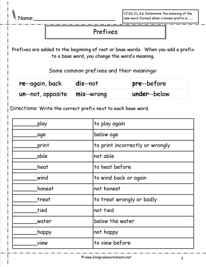 Worksheet featuring prefix practice exercises for fourth-grade students
