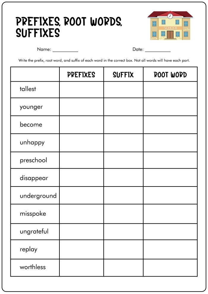 Second grade student learning about word prefixes with colorful examples and fill-in exercises on a practice worksheet