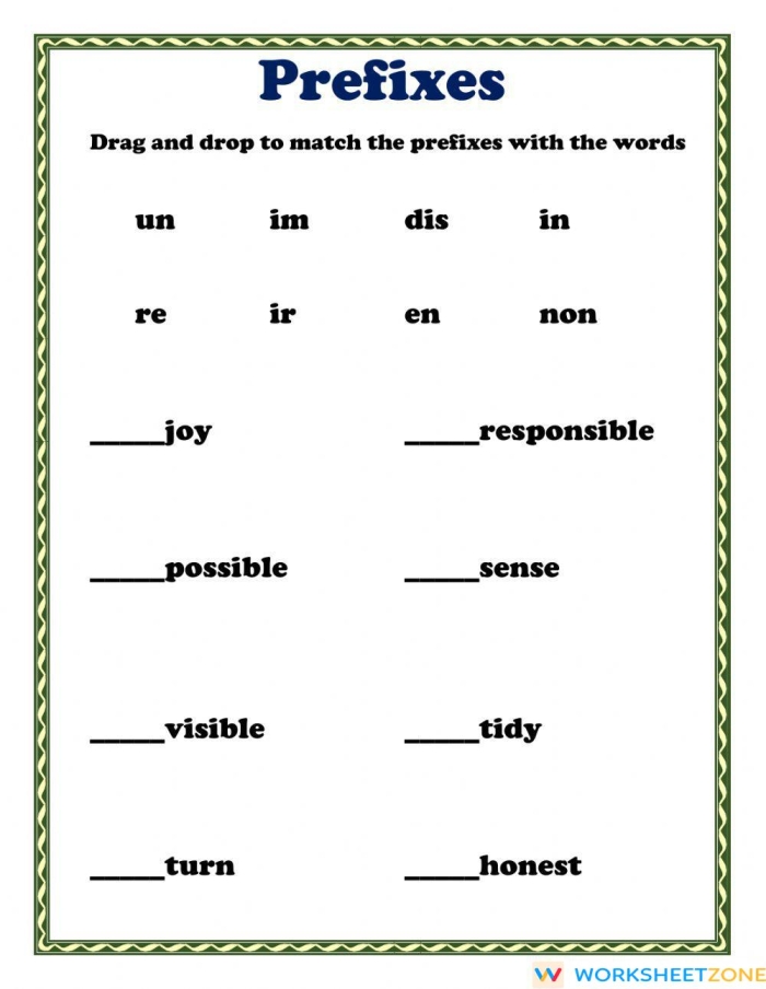Second grade worksheet teaching prefix definitions and examples with fill-in-the-blank practice exercises for reading comprehension