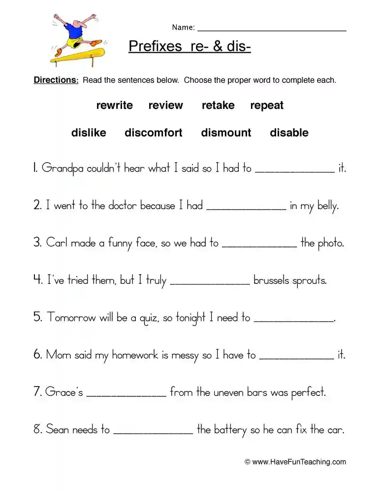 Prefix Practice Worksheet 17: Learning Dis- Non- and Un- Prefixes for Third Grade Third grade students completing a prefix practice worksheet with dis-, non-, and un- prefix exercises