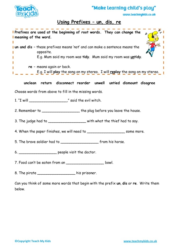 Prefix Practice Worksheet 22: Learning Dis-, Non-, and Un- Prefixes in Third Grade Writing Third grade worksheet showing prefix practice exercises with dis-, non-, and un- word activities for students