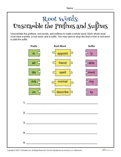 Third grade worksheet showcasing prefix practice with dis-, re-, and un- to modify words