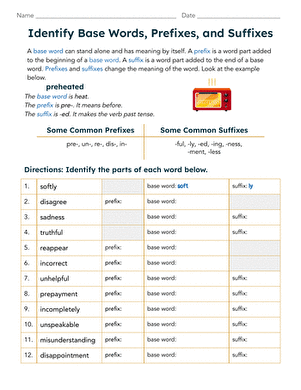 Third grade worksheet showing 20 words for students to modify by adding the prefixes dis, re, or un