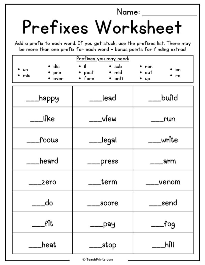Worksheet for third graders to explore prefixes and build new words