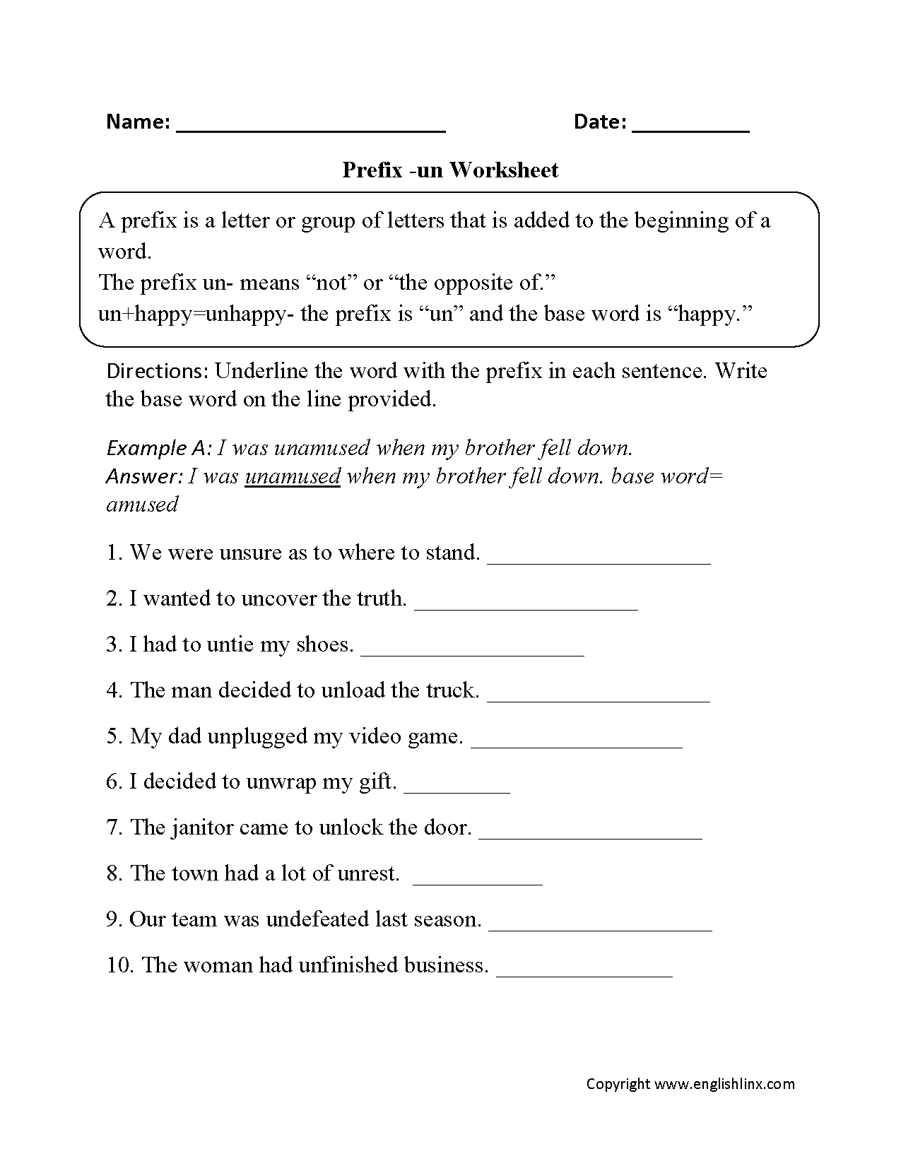 Second grade worksheet showing prefix examples and exercises to help students understand how prefixes change word meanings and improve reading comprehension