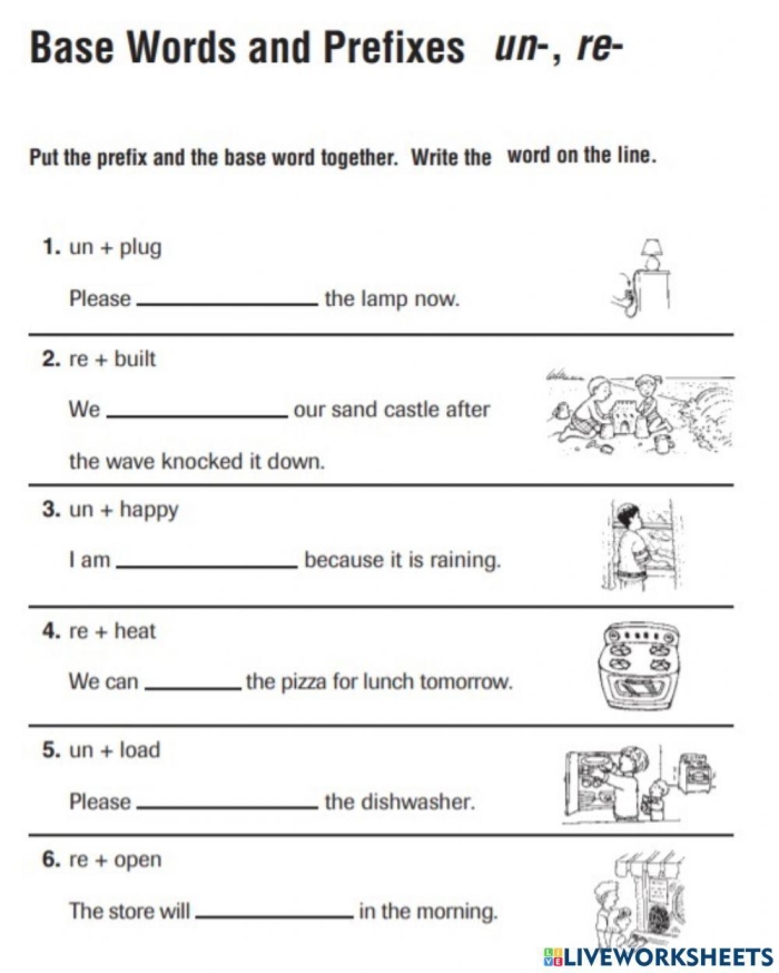 Worksheet for prefix study focusing on the prefix pre- for third graders. Educational resource for enhancing vocabulary through prefix understanding.