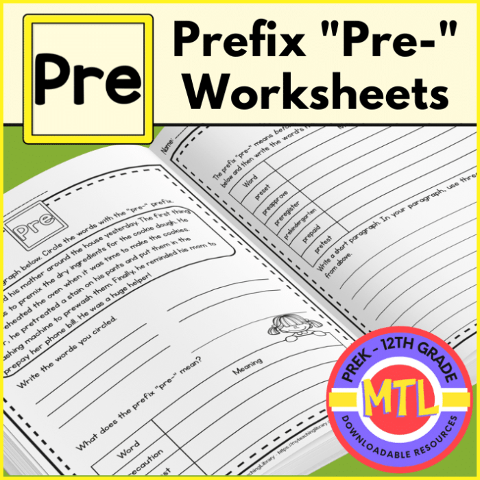 Worksheet featuring exercises on the prefix "pre" for third graders studying phonics