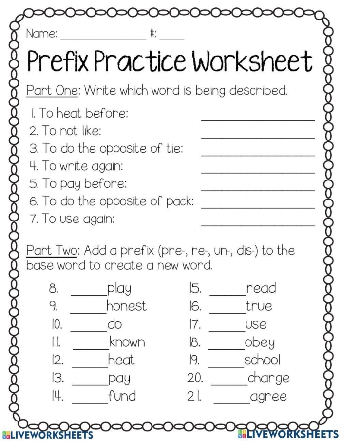 Worksheet for studying the prefix "pre" in phonics for third graders