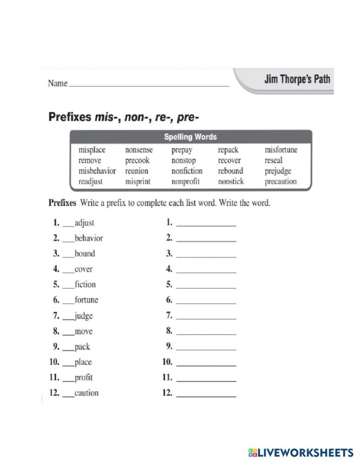 Worksheet featuring prefix study focused on "pre-" for third-grade phonics students