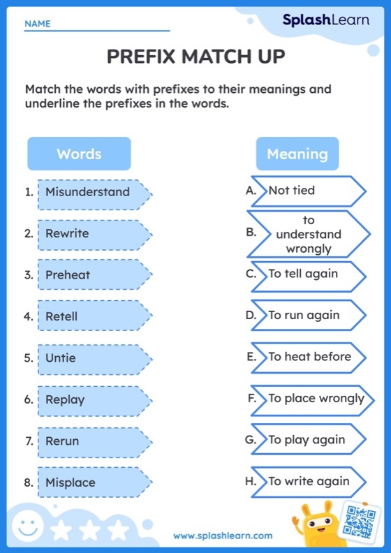 Worksheet for studying the prefix "pre-" aimed at third graders focusing on phonics