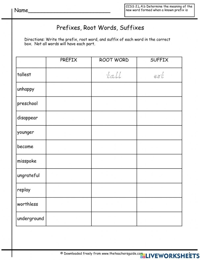 Prefix and Suffix Exploration Activity for Second Graders Worksheet featuring prefixes and suffixes for vocabulary building