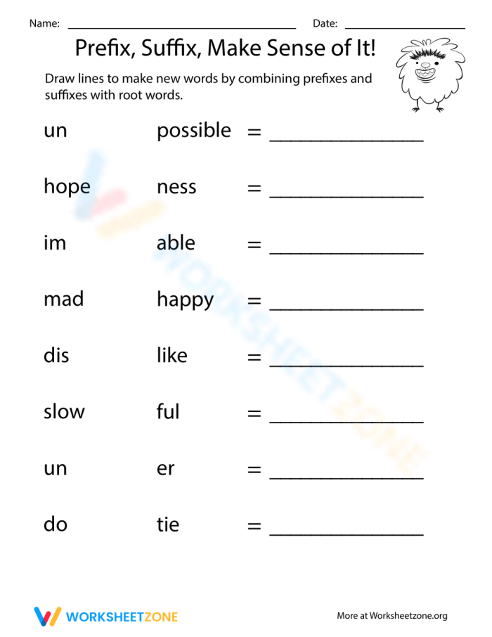 Grammar and Mechanics worksheet for Second Grade Worksheet activity for second graders focusing on prefixes, suffixes, and root words to enhance vocabulary. Prefixes and Suffixes: Make Sense of It! worksheet for building language skills.