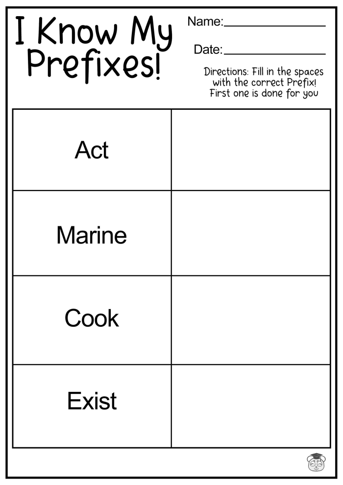 Second grade worksheet showing prefix examples and exercises to help students understand word beginnings and improve reading comprehension