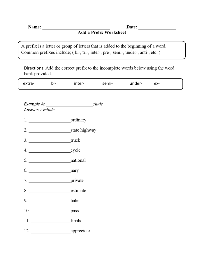 Second grade worksheet exercise showing prefix examples and practice activities for building reading comprehension skills